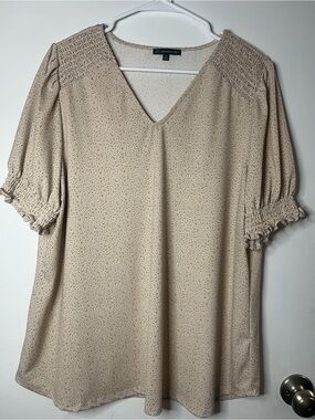 Adrianna Papell Beige Smocked Shoulder V-Neck Tunic